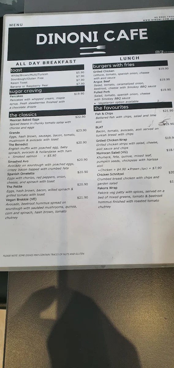 Menu, Dinoni Cafe