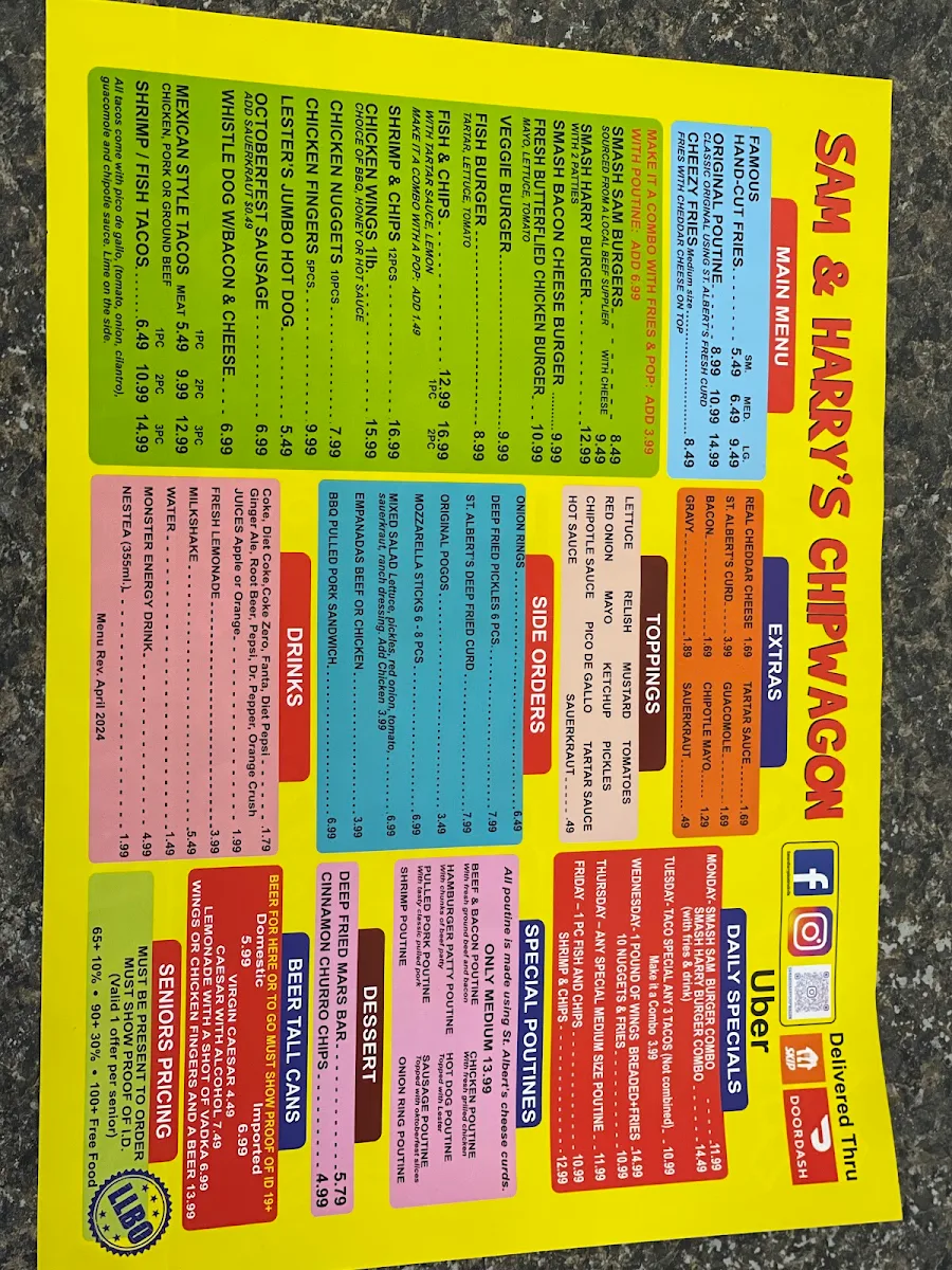 Menu, Sam & Harry's Place Chipwagon