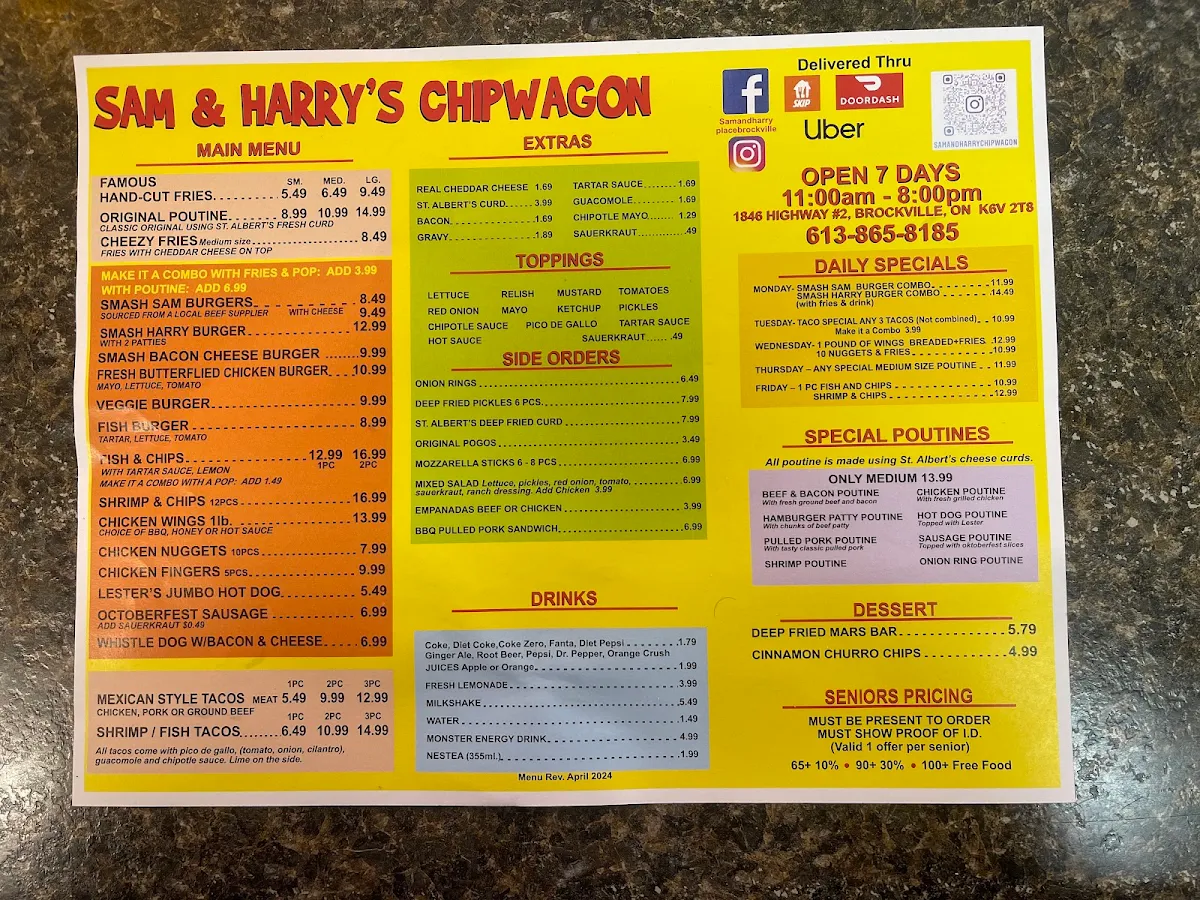 Menu, Sam & Harry's Place Chipwagon