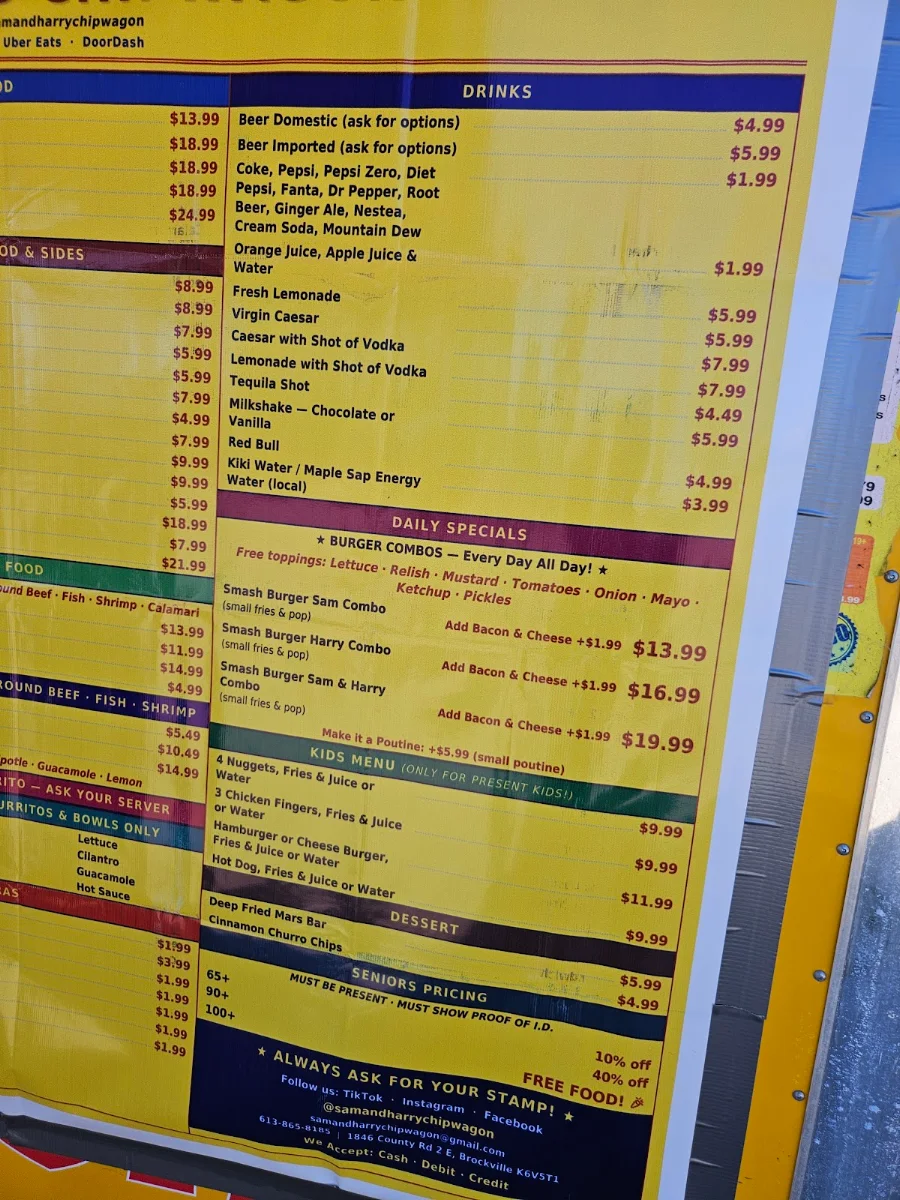 Menu, Sam & Harry's Place Chipwagon
