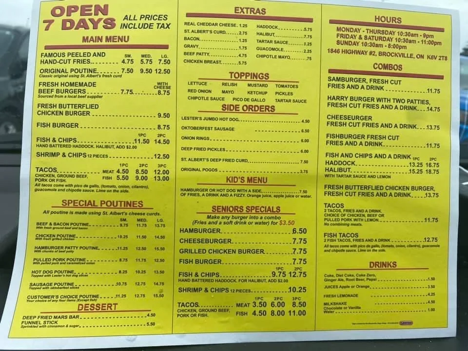 Menu, Sam & Harry's Place Chipwagon