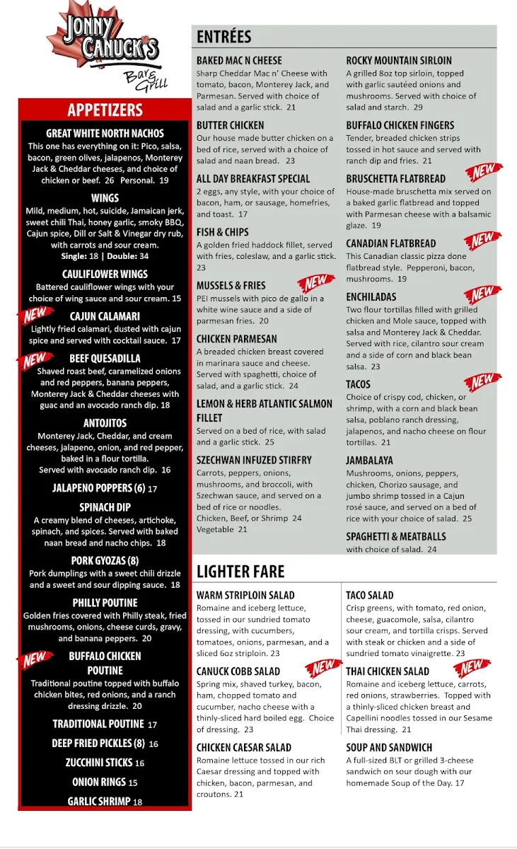 Menu, Jonny Canuck's Bar & Grill