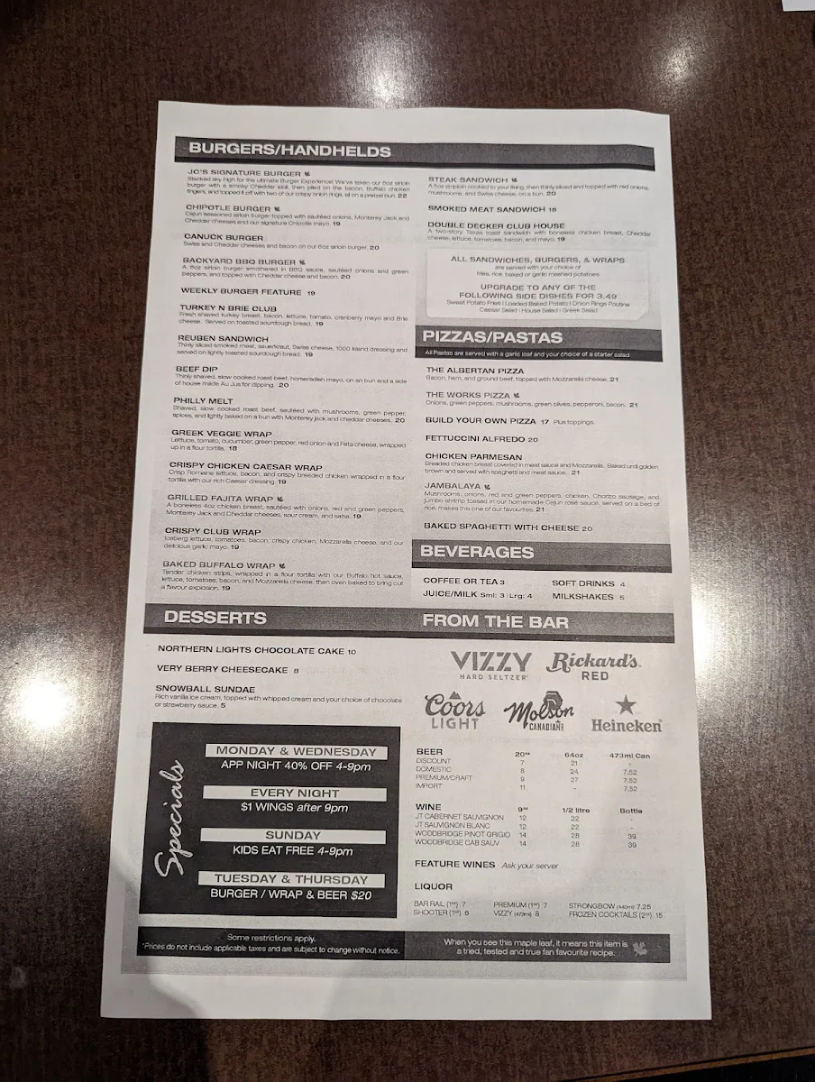 Menu, Jonny Canuck's Bar & Grill