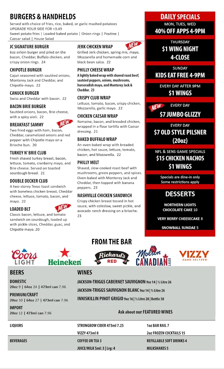 Menu, Jonny Canuck's Bar & Grill