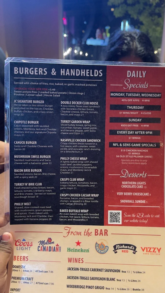 Menu, Jonny Canuck's Bar & Grill