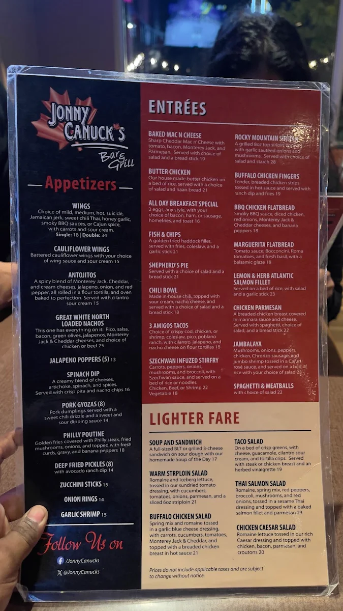 Menu, Jonny Canuck's Bar & Grill