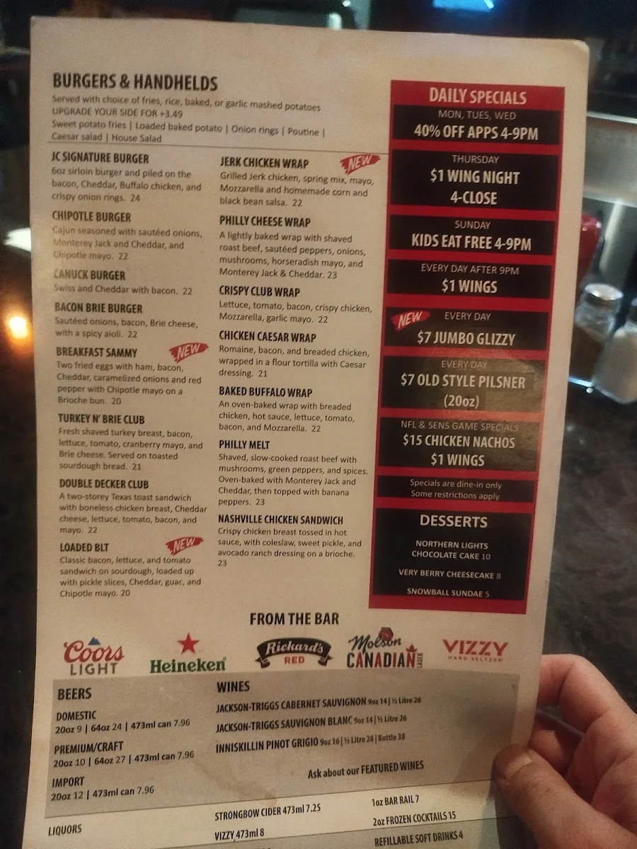 Menu, Jonny Canuck's Bar & Grill