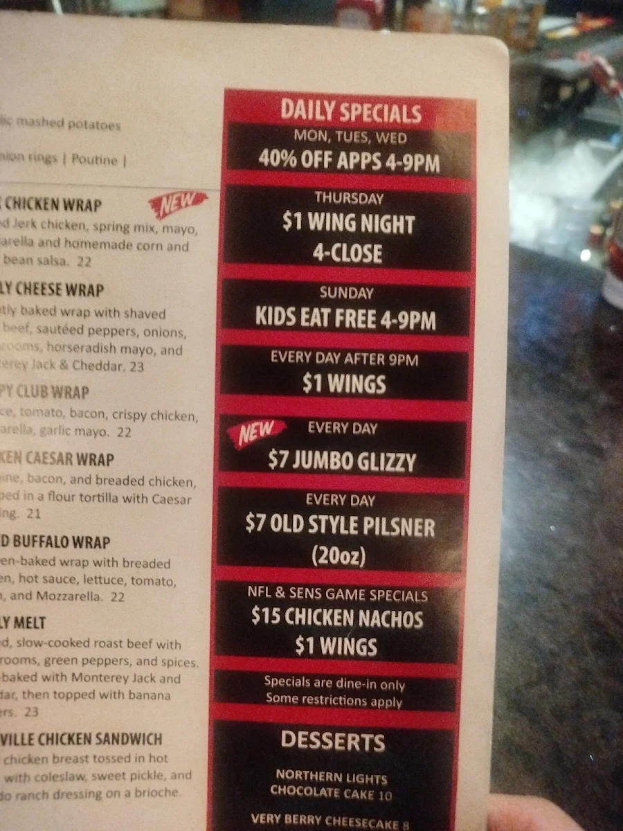 Menu, Jonny Canuck's Bar & Grill
