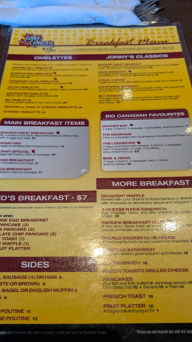 Menu, Jonny Canuck's Bar & Grill