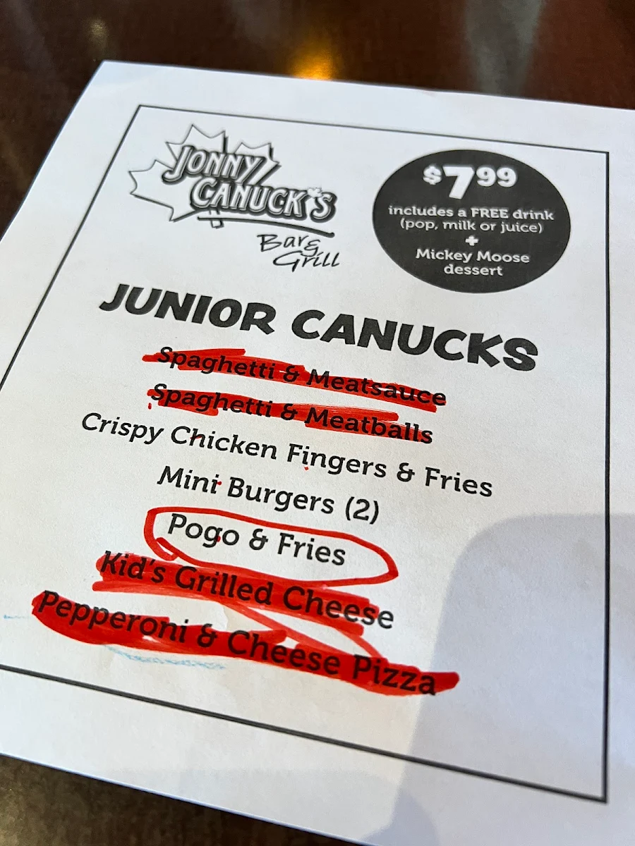 Menu, Jonny Canuck's Bar & Grill