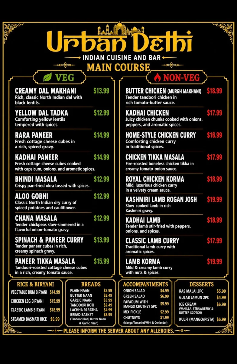 Menu, Urban Delhi