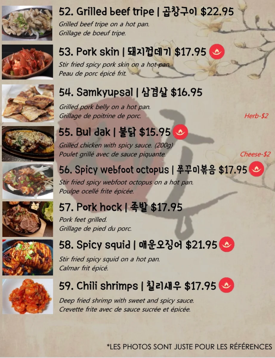 Menu, Les Saisons de Corée
