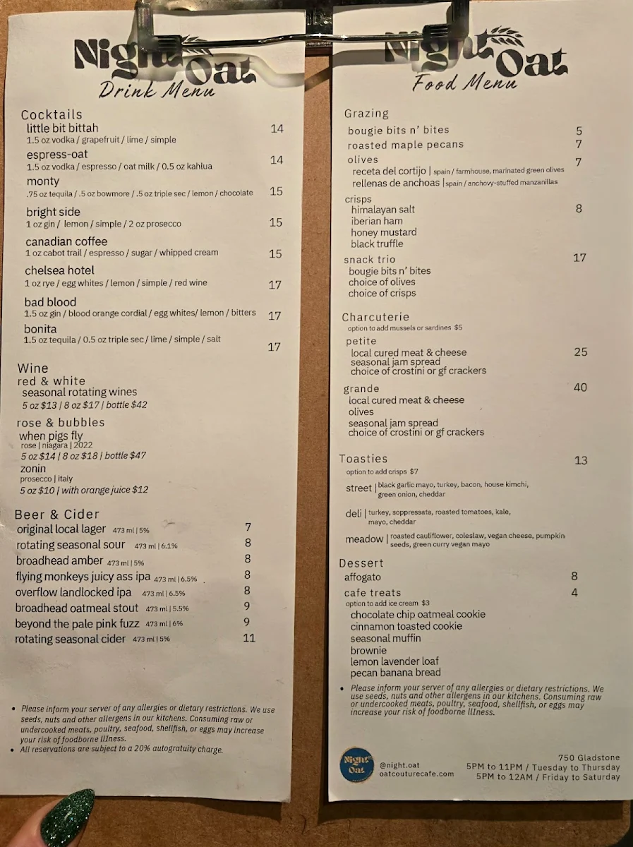 Menu, Night Oat (Gladstone)