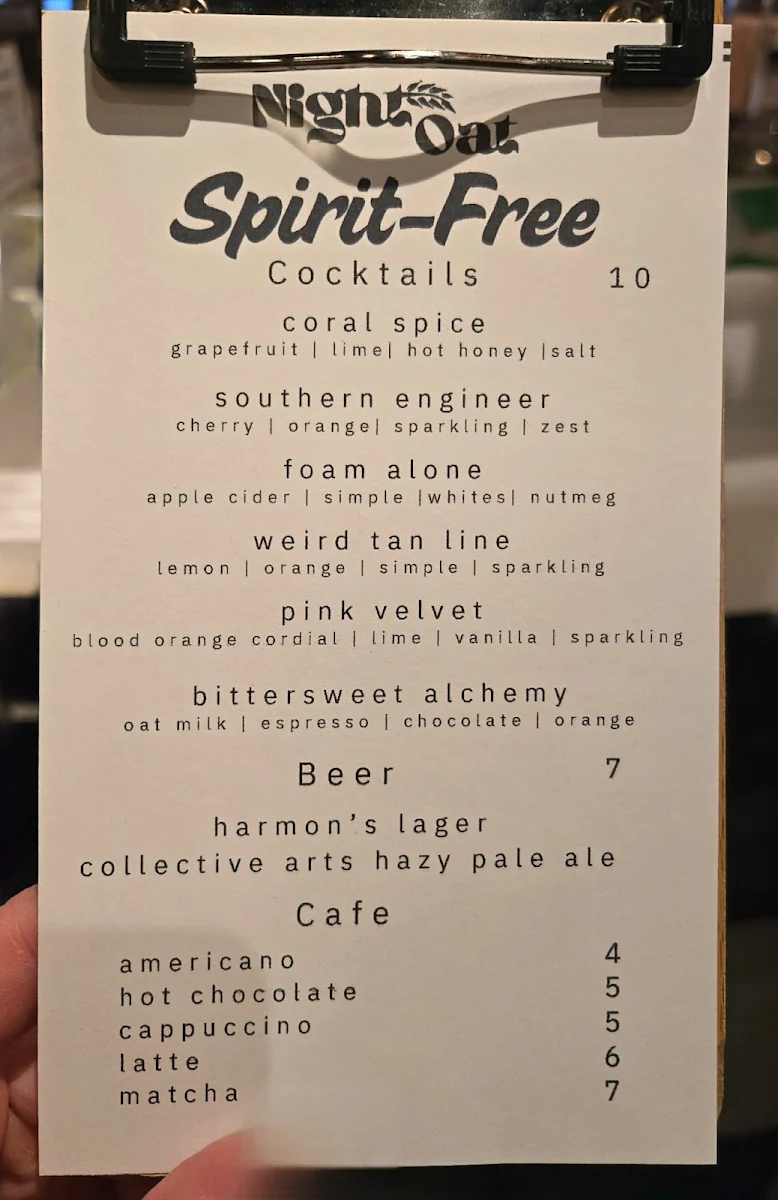 Menu, Night Oat (Gladstone)