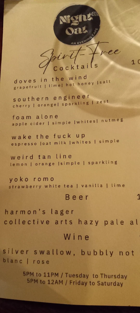 Menu, Night Oat (Gladstone)
