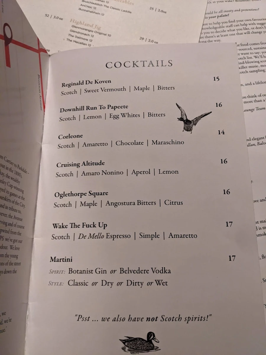 Menu, Night Oat (Gladstone)