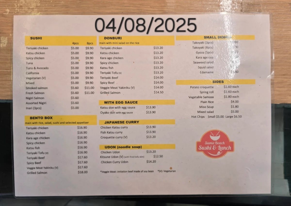 Menu, Suma Beach Sushi & Lunch