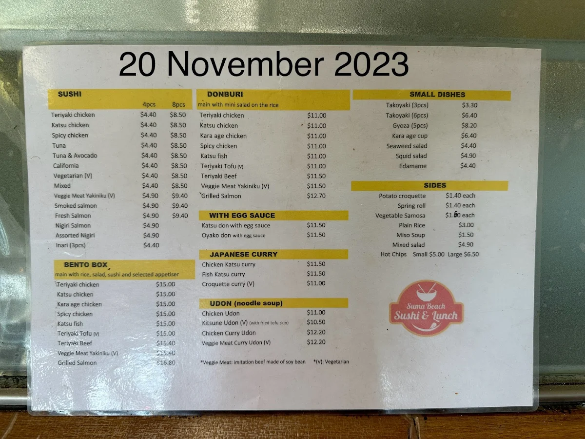 Menu, Suma Beach Sushi & Lunch