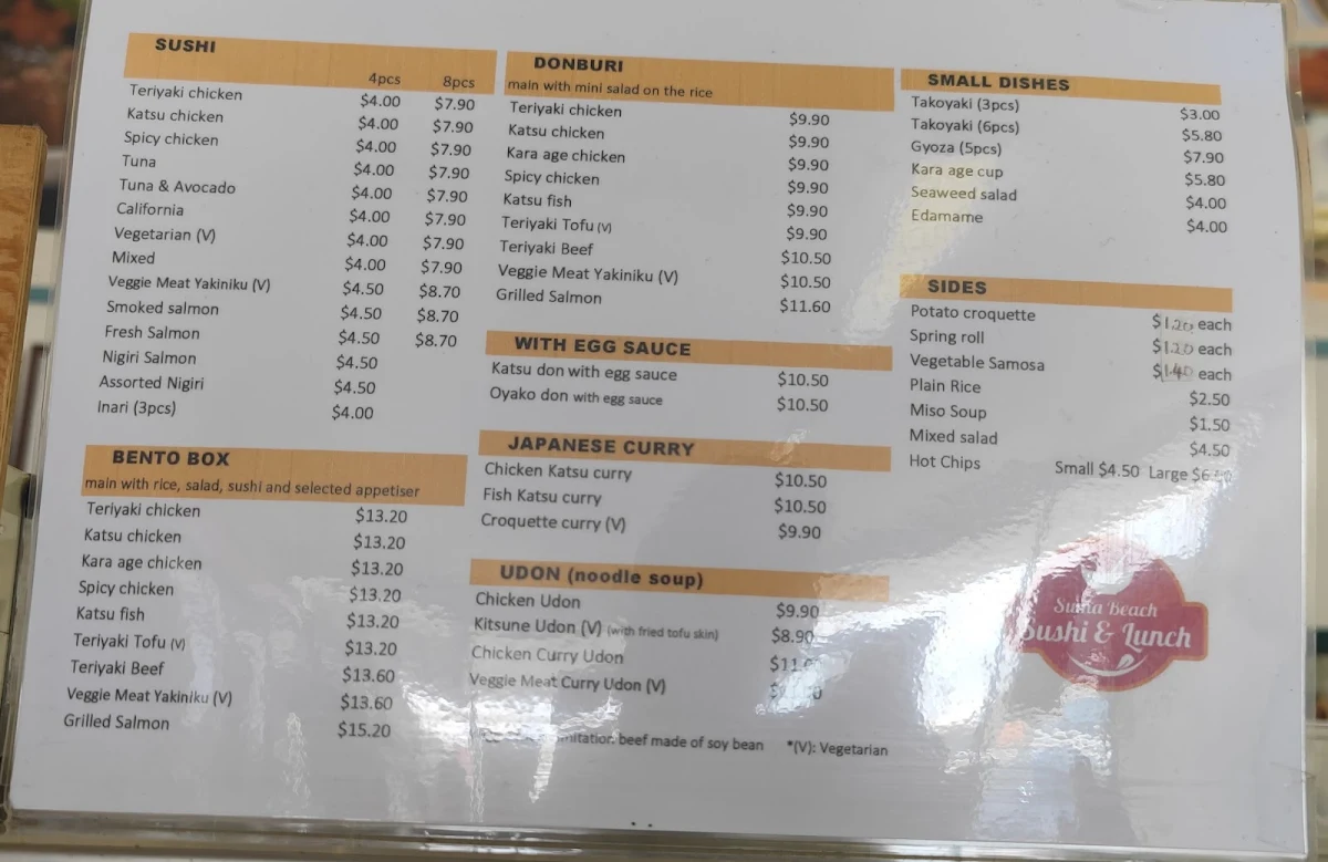 Menu, Suma Beach Sushi & Lunch
