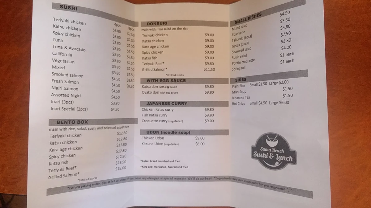 Menu, Suma Beach Sushi & Lunch