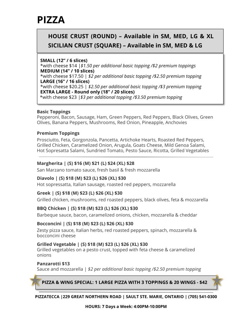 Menu, Pizzatecca + Take Away