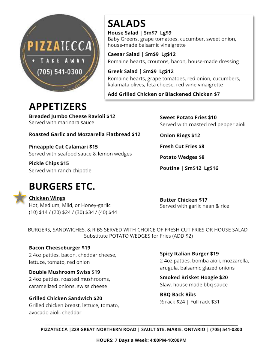 Menu, Pizzatecca + Take Away