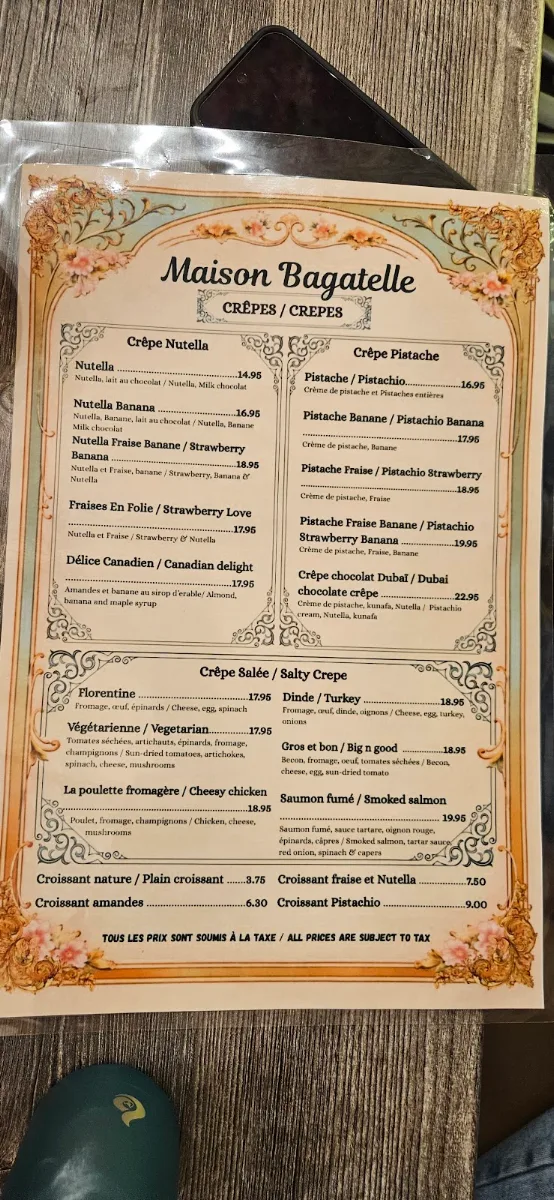 Menu, Crêperie Maison Bagatelle