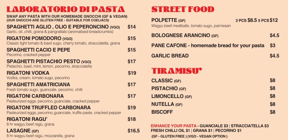 Menu, Remo’s Pasta & Tiramisu’ Richmond