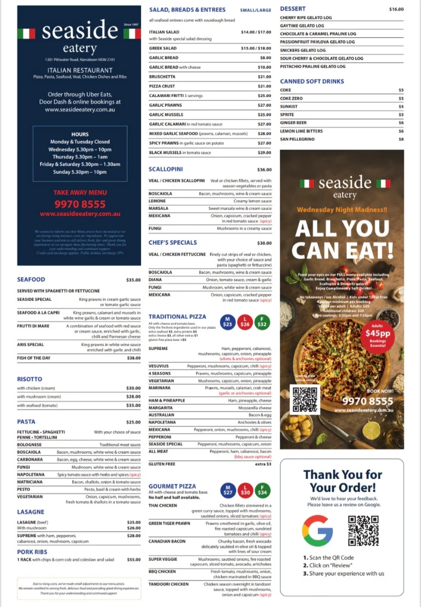 Menu, Seaside Eatery