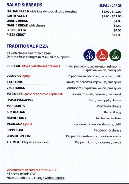 Menu, Seaside Eatery
