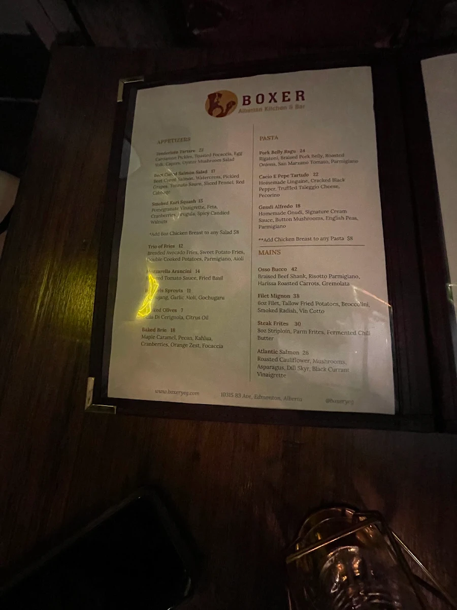 Menu, Boxer - Albertan Kitchen & Bar