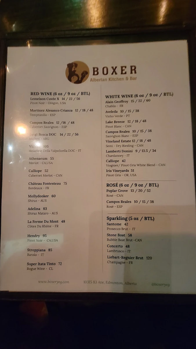 Menu, Boxer - Albertan Kitchen & Bar