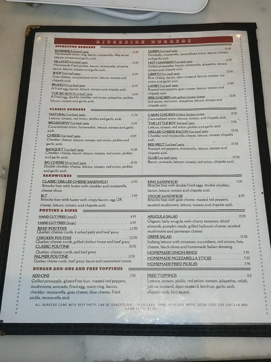 Menu, RIVERSIDE BURGERS