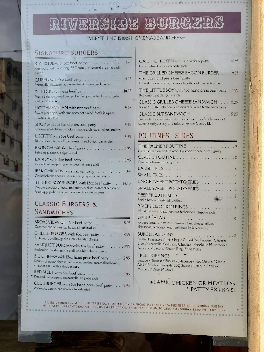 Menu, RIVERSIDE BURGERS