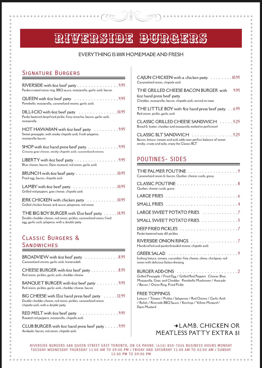 Menu, RIVERSIDE BURGERS