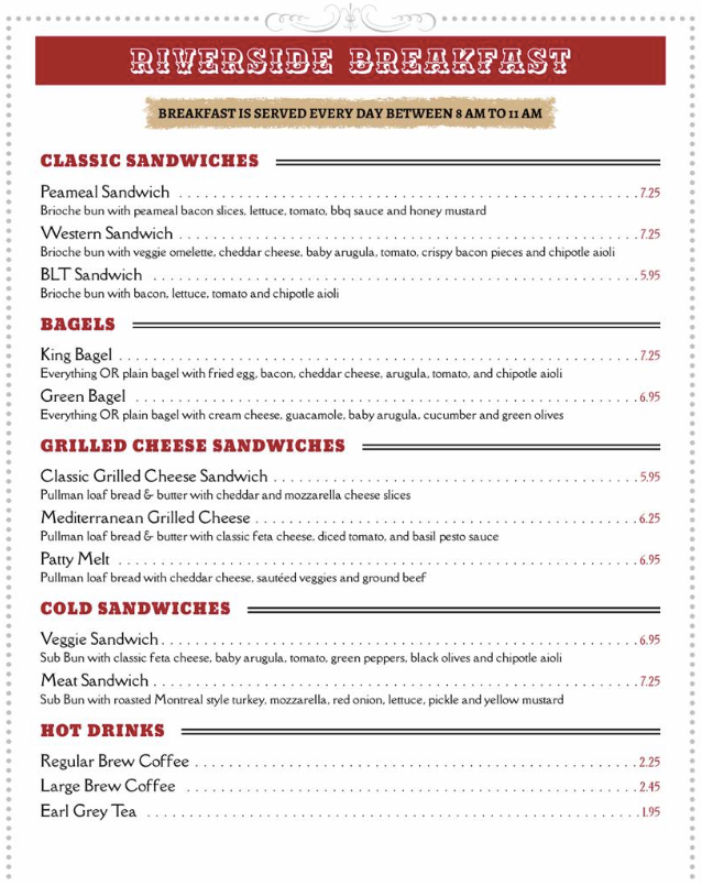 Menu, RIVERSIDE BURGERS