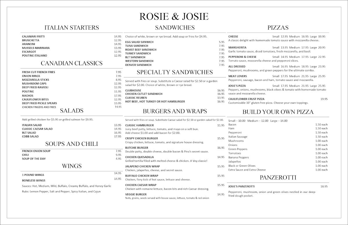 Menu, Rosie and Josie