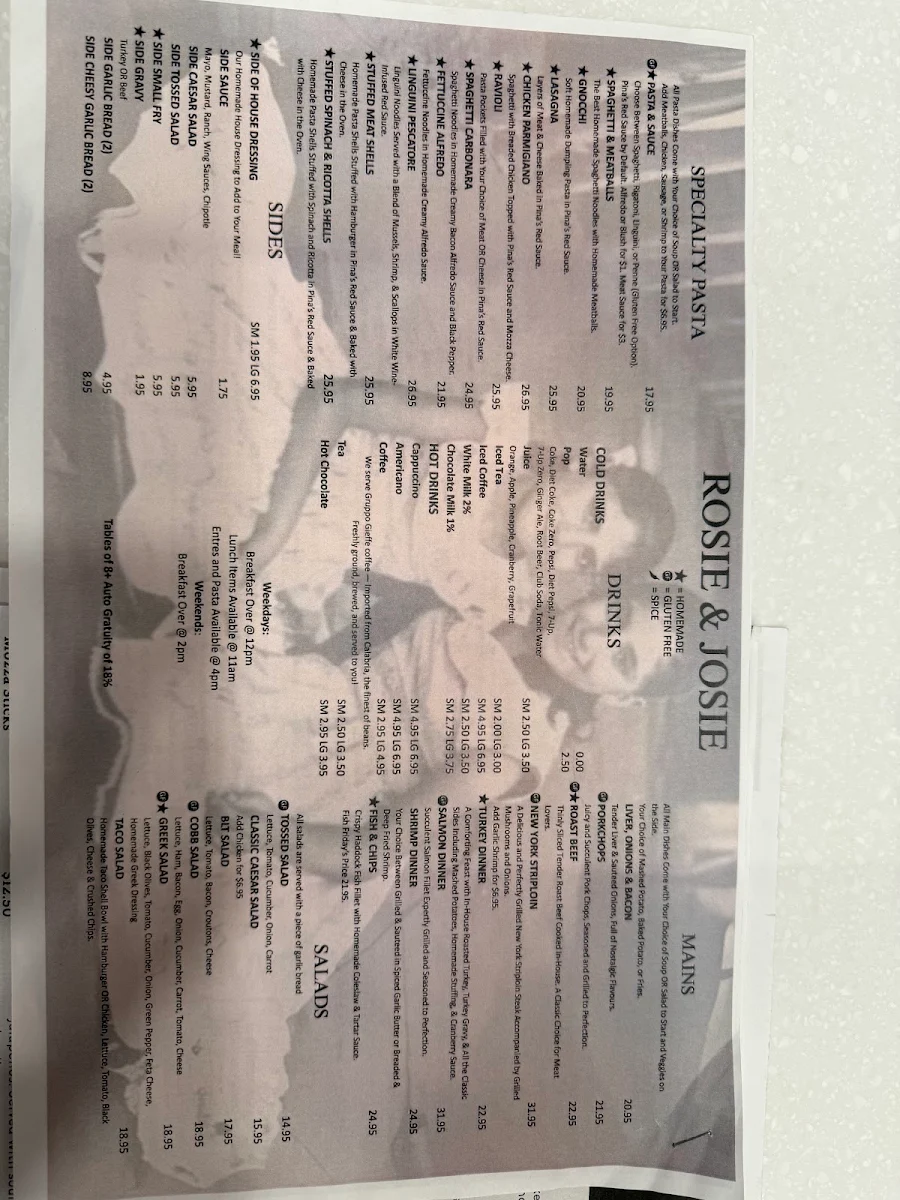 Menu, Rosie and Josie