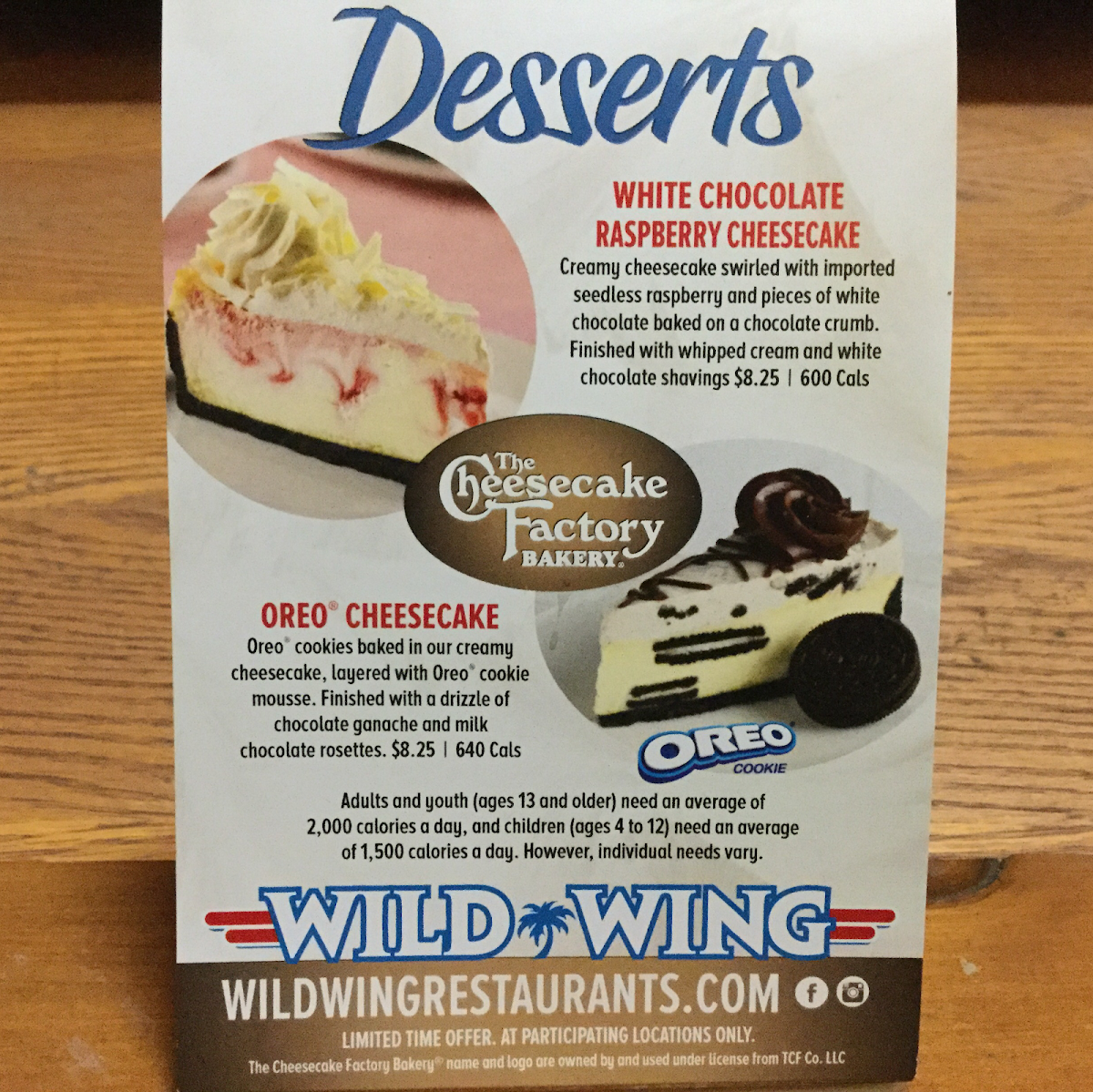 Menu, Wild Wing