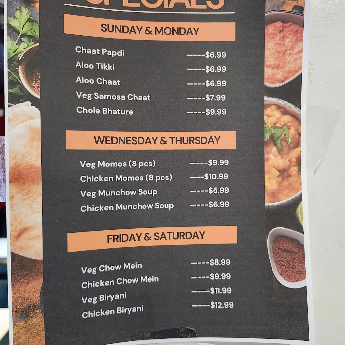 Menu, New Spice Grill