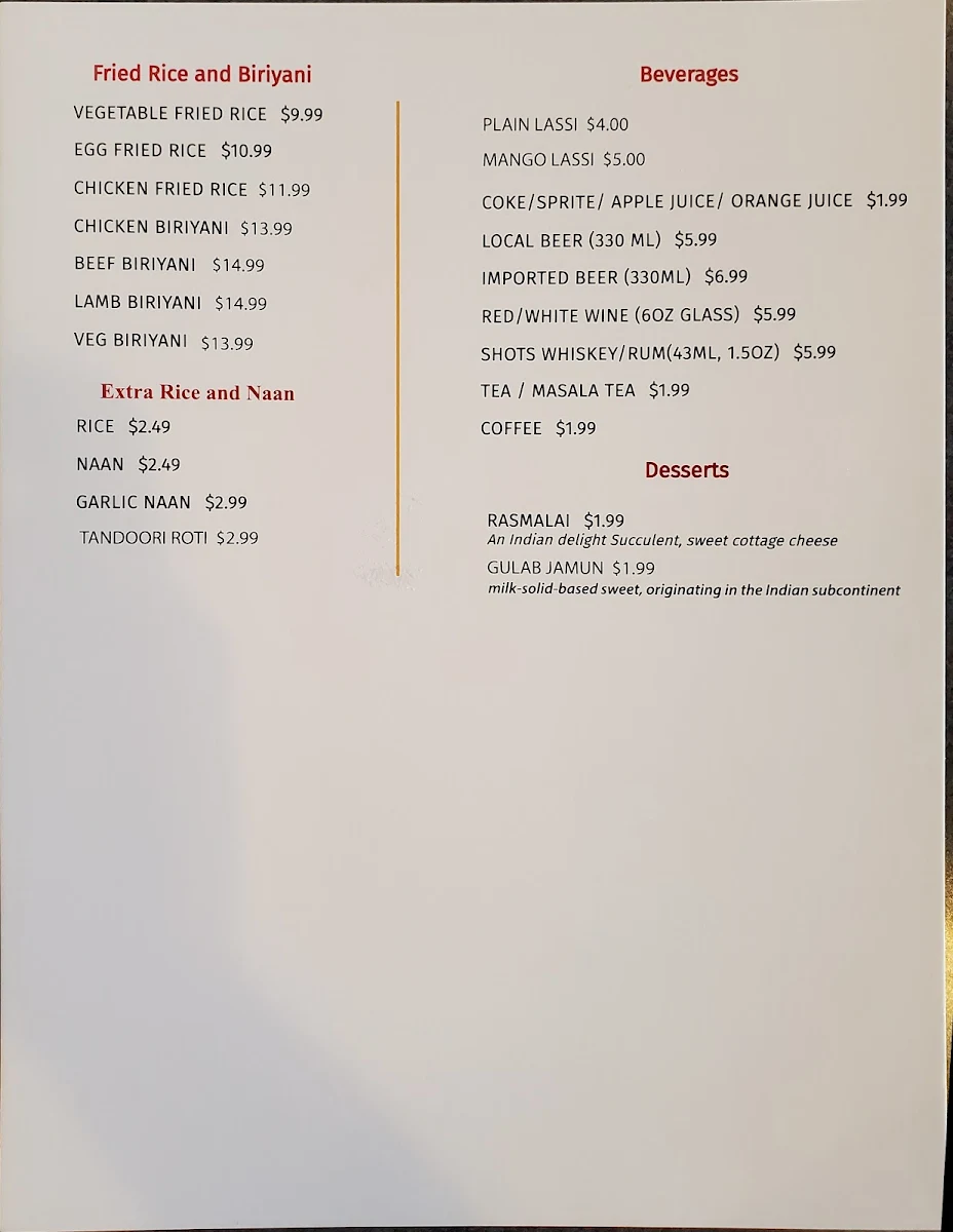 Menu, New Spice Grill