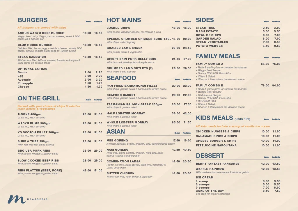Menu, M Brasserie