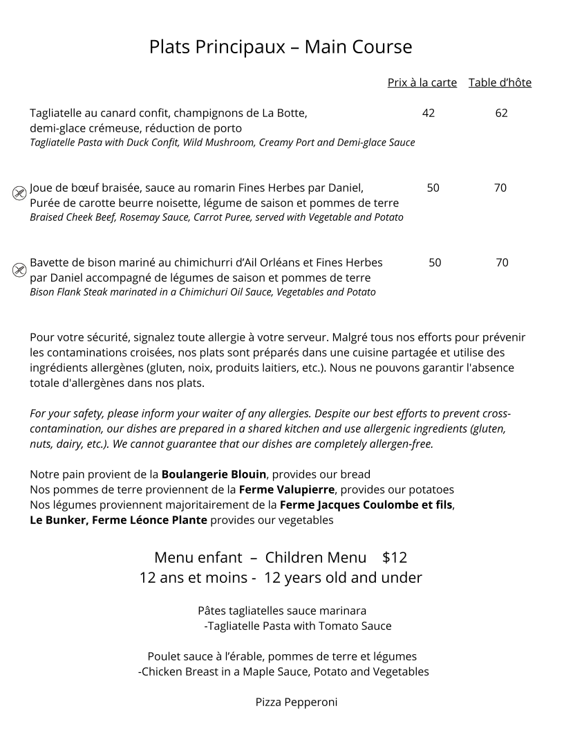 Menu, Le Moulin de St-Laurent