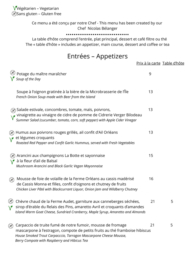 Menu, Le Moulin de St-Laurent