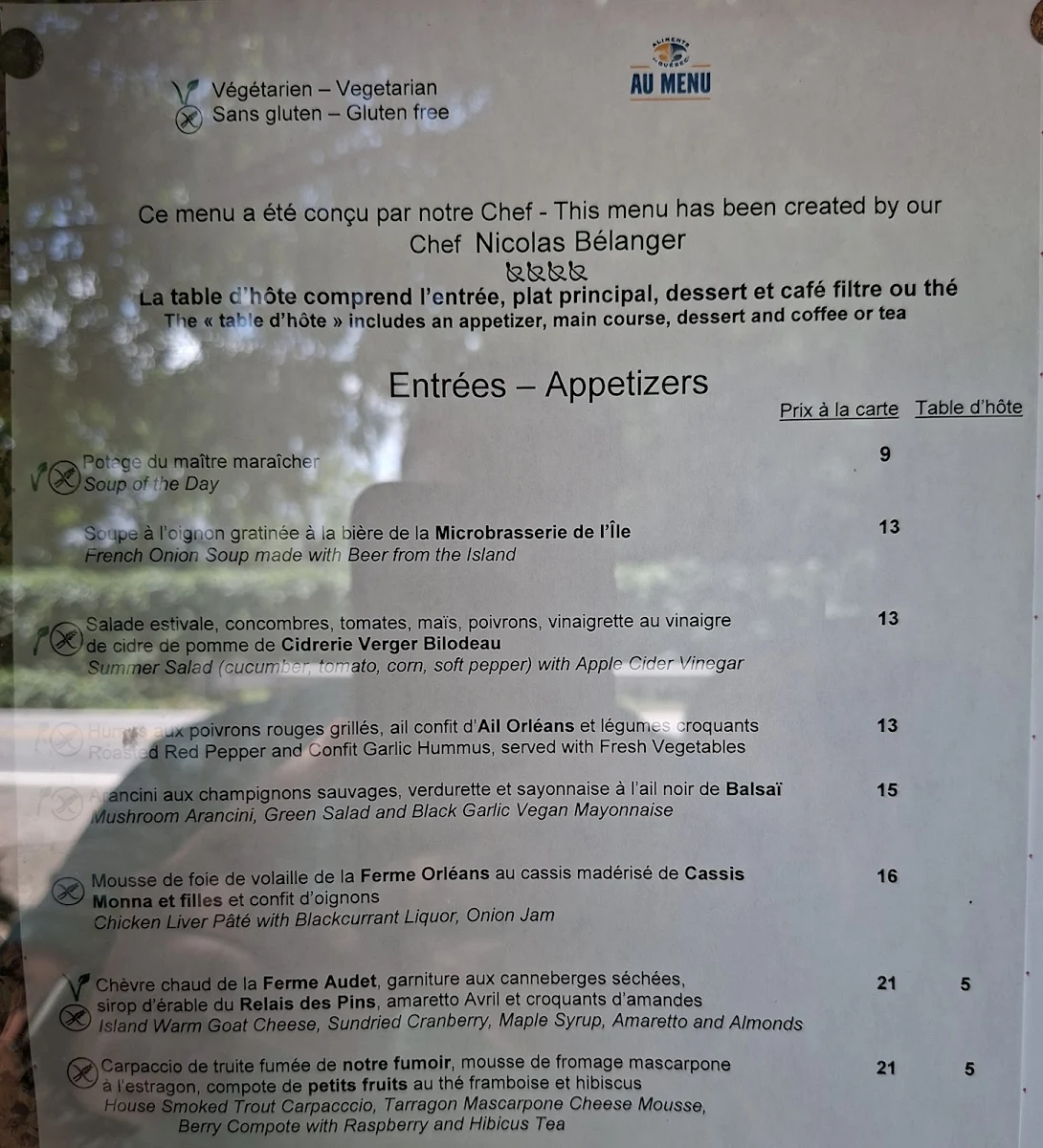 Menu, Le Moulin de St-Laurent