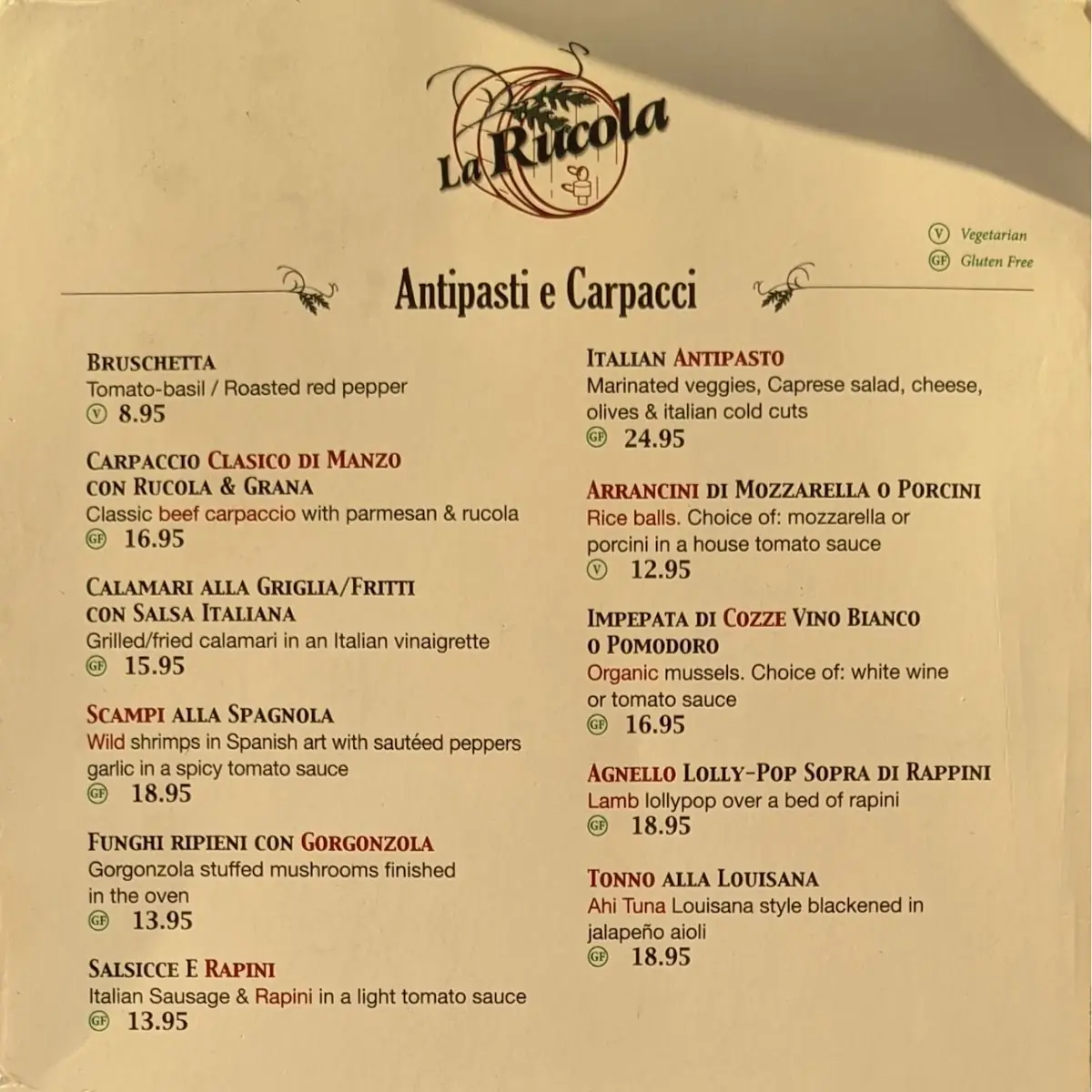 Menu, La Rucola Ristorante