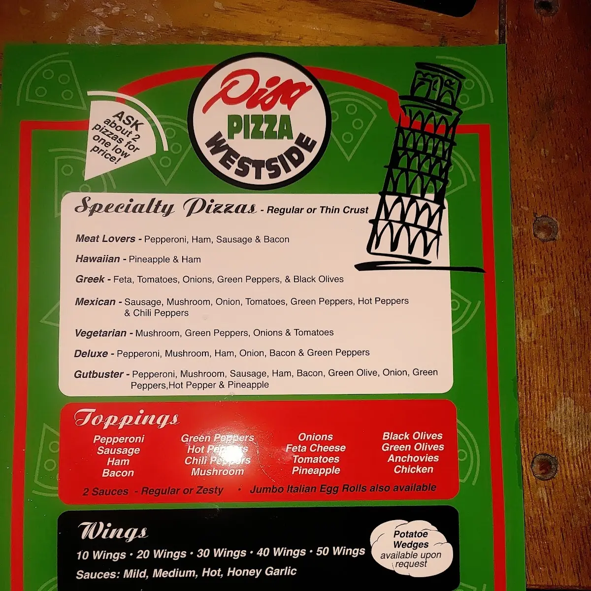 Menu, Pisa Pizza West
