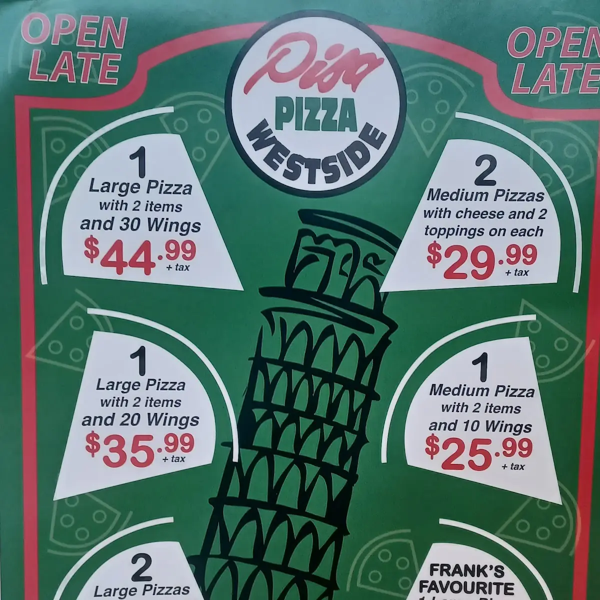Menu, Pisa Pizza West