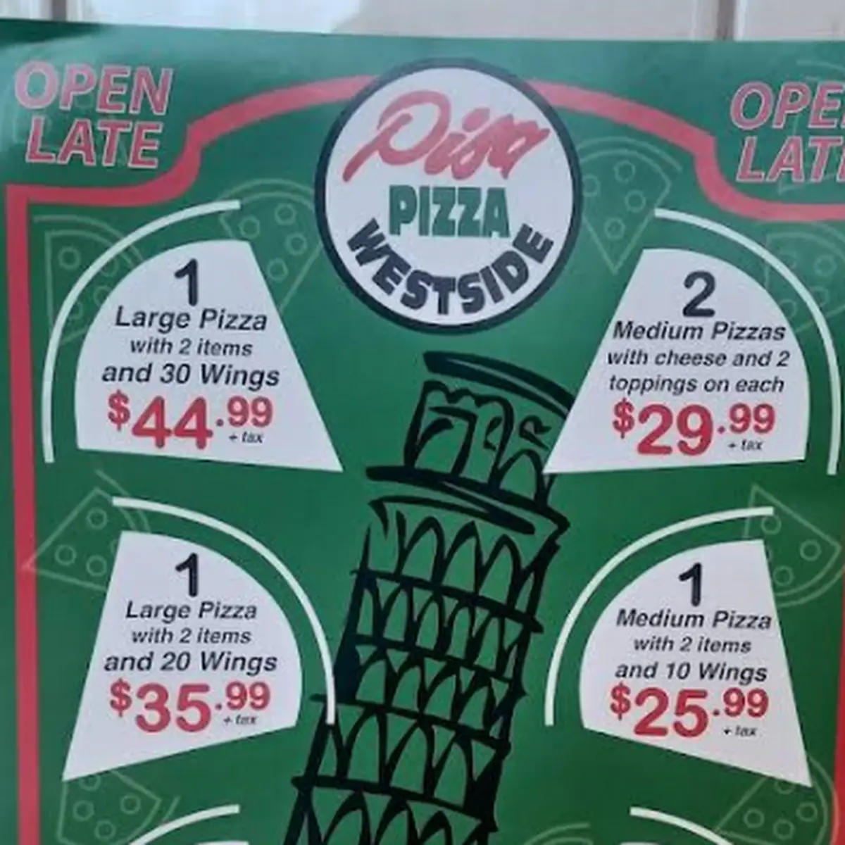 Menu, Pisa Pizza West