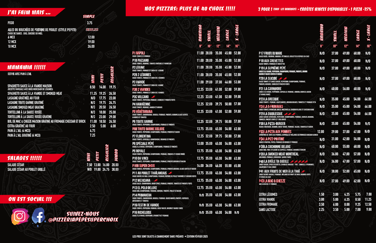 Menu, Pizzeria Pepe Super Choix